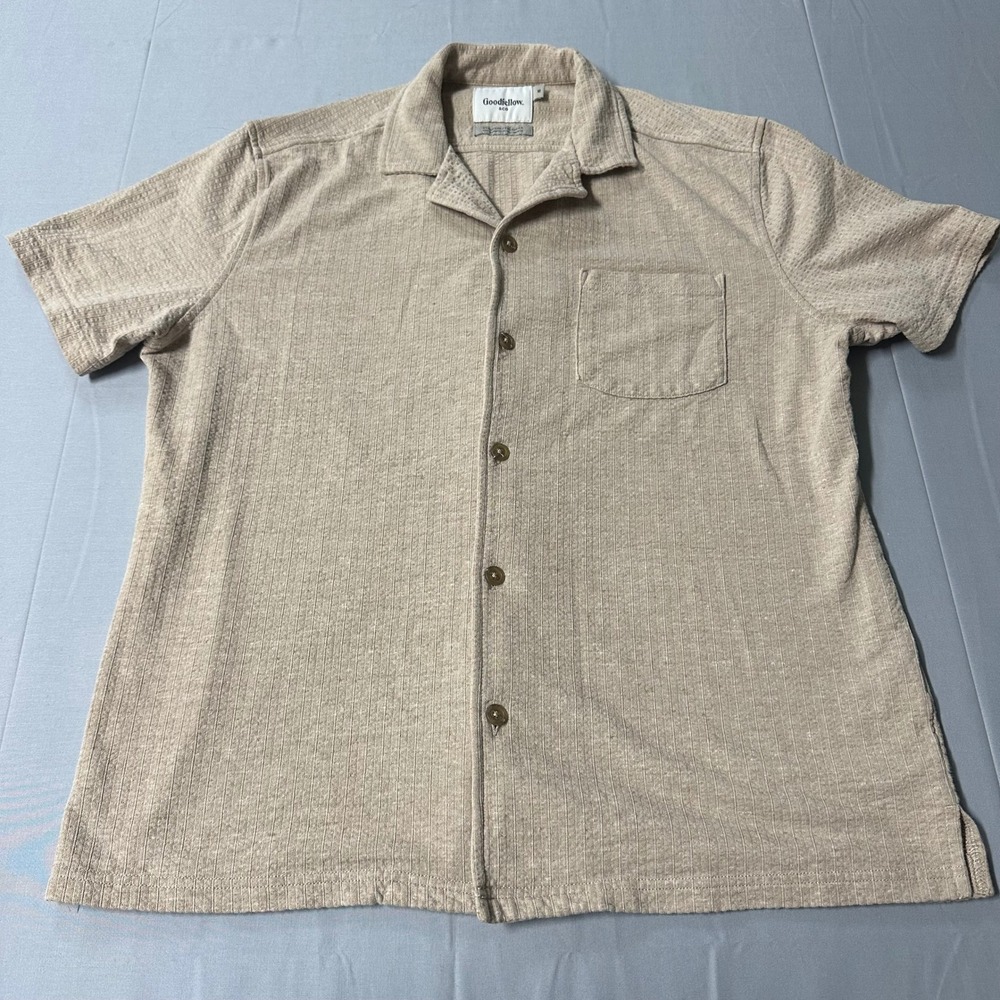 Goodfellow & Co Mens Medium Tan Ribbed Knit Short Sleeve Camp Collar Shirt Beige